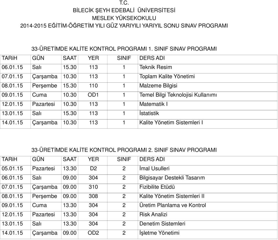 30 113 1 Kalite Yönetim Sistemleri I 33-ÜRETİMDE KALİTE KONTROL PROGRAMI 2. SINIF SINAV PROGRAMI 05.01.15 Pazartesi 13.30 D2 2 İmal Usulleri 06.01.15 Salı 09.00 304 2 Bilgisayar Destekli Tasarım 07.