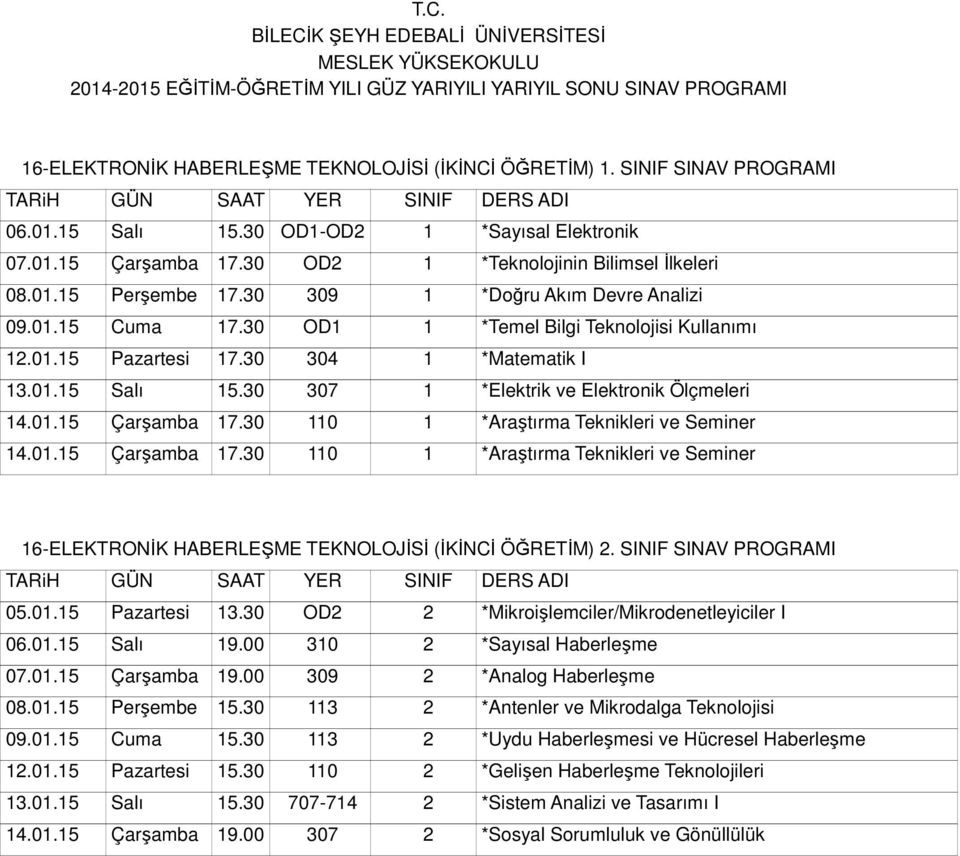 30 307 1 *Elektrik ve Elektronik Ölçmeleri 14.01.15 Çarşamba 17.30 110 1 *Araştırma Teknikleri ve Seminer 14.01.15 Çarşamba 17.30 110 1 *Araştırma Teknikleri ve Seminer 16-ELEKTRONİK HABERLEŞME TEKNOLOJİSİ (İKİNCİ ÖĞRETİM) 2.