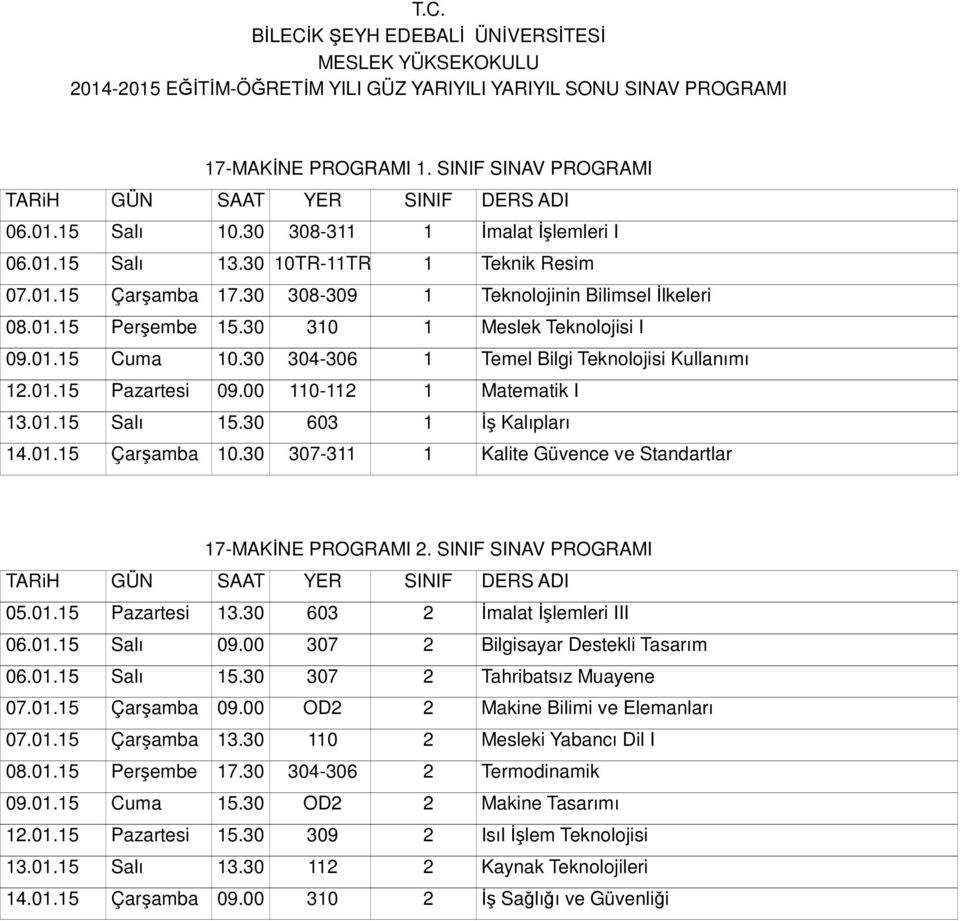 00 110-112 1 Matematik I 13.01.15 Salı 15.30 603 1 İş Kalıpları 14.01.15 Çarşamba 10.30 307-311 1 Kalite Güvence ve Standartlar 17-MAKİNE PROGRAMI 2. SINIF SINAV PROGRAMI 05.01.15 Pazartesi 13.