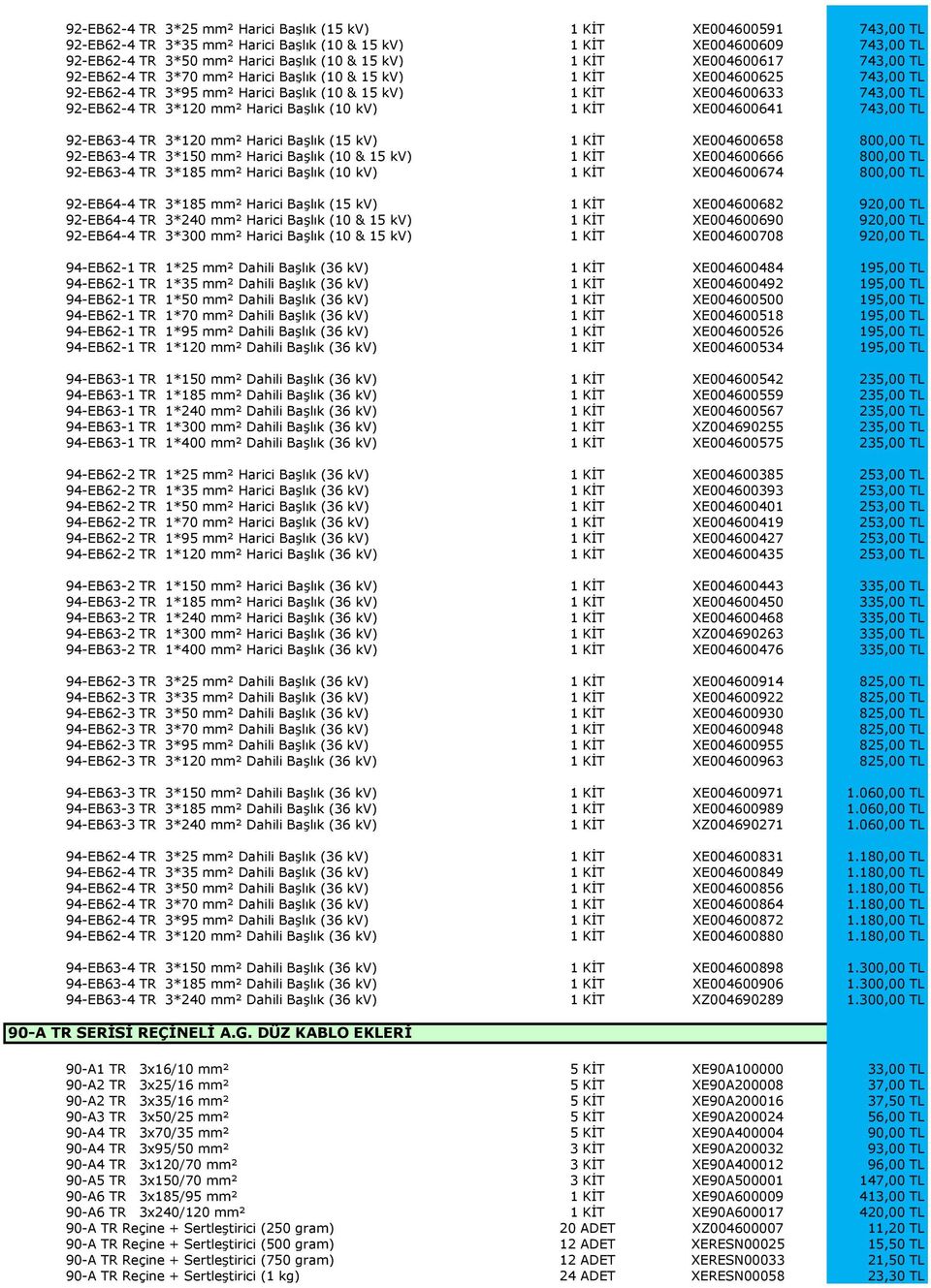 mm² Harici Başlık (10 kv) 1 KİT XE004600641 743,00 TL 92-EB63-4 TR 3*120 mm² Harici Başlık (15 kv) 1 KİT XE004600658 800,00 TL 92-EB63-4 TR 3*150 mm² Harici Başlık (10 & 15 kv) 1 KİT XE004600666