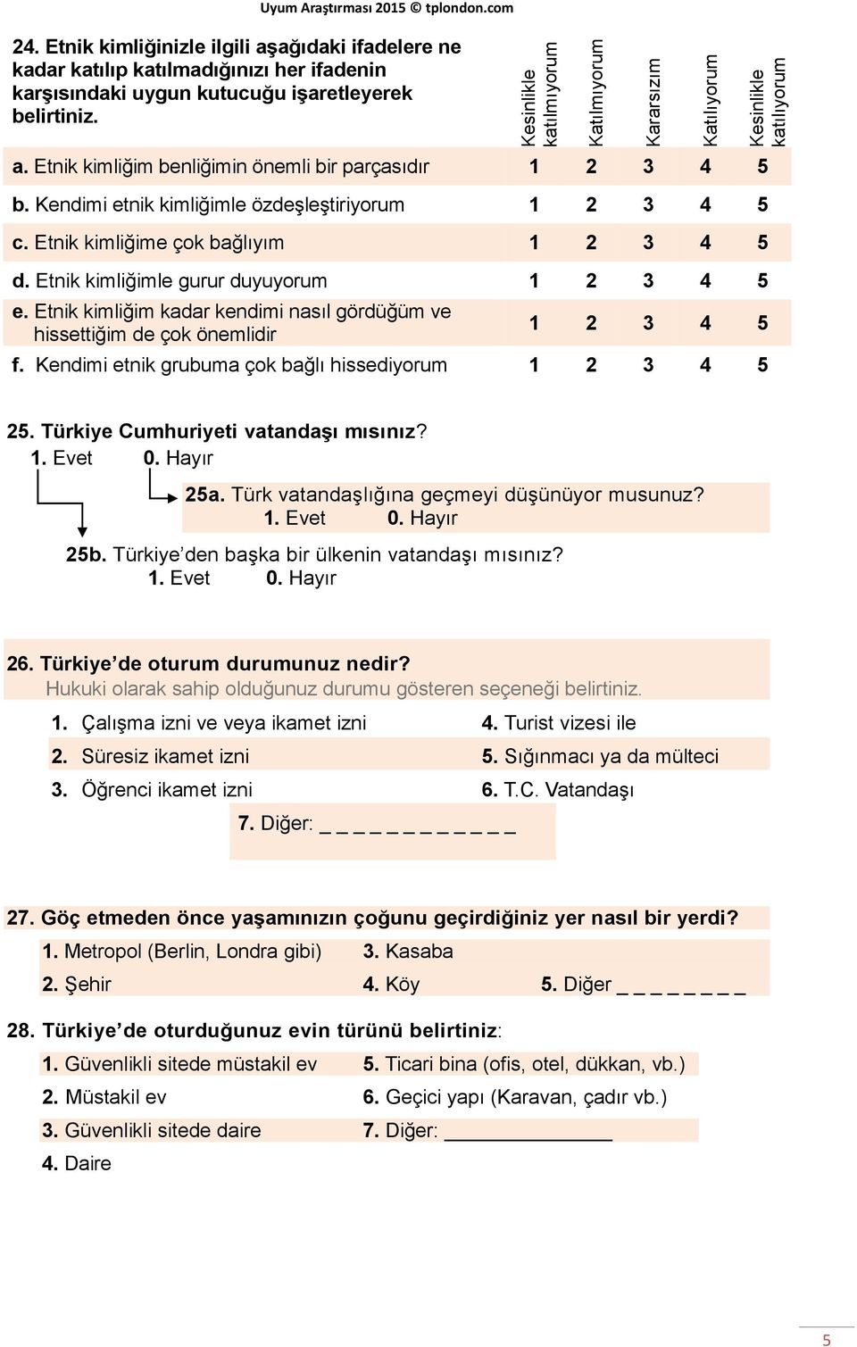 Kendimi etnik grubuma çok bağlı hissediyorum 25. Türkiye Cumhuriyeti vatandaşı mısınız? 1. Evet 0. Hayır 25a. Türk vatandaşlığına geçmeyi düşünüyor musunuz? 1. Evet 0. Hayır 25b.