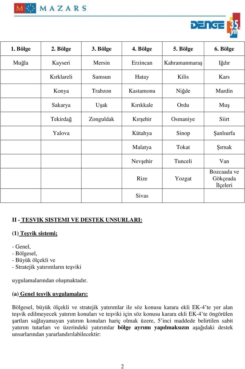 Siirt Yalova Kütahya Sinop Şanlıurfa Malatya Tokat Şırnak Nevşehir Tunceli Van Rize Sivas Yozgat Bozcaada ve Gökçeada Đlçeleri II - TEŞVIK SISTEMI VE DESTEK UNSURLARI: (1) Teşvik sistemi; - Genel, -