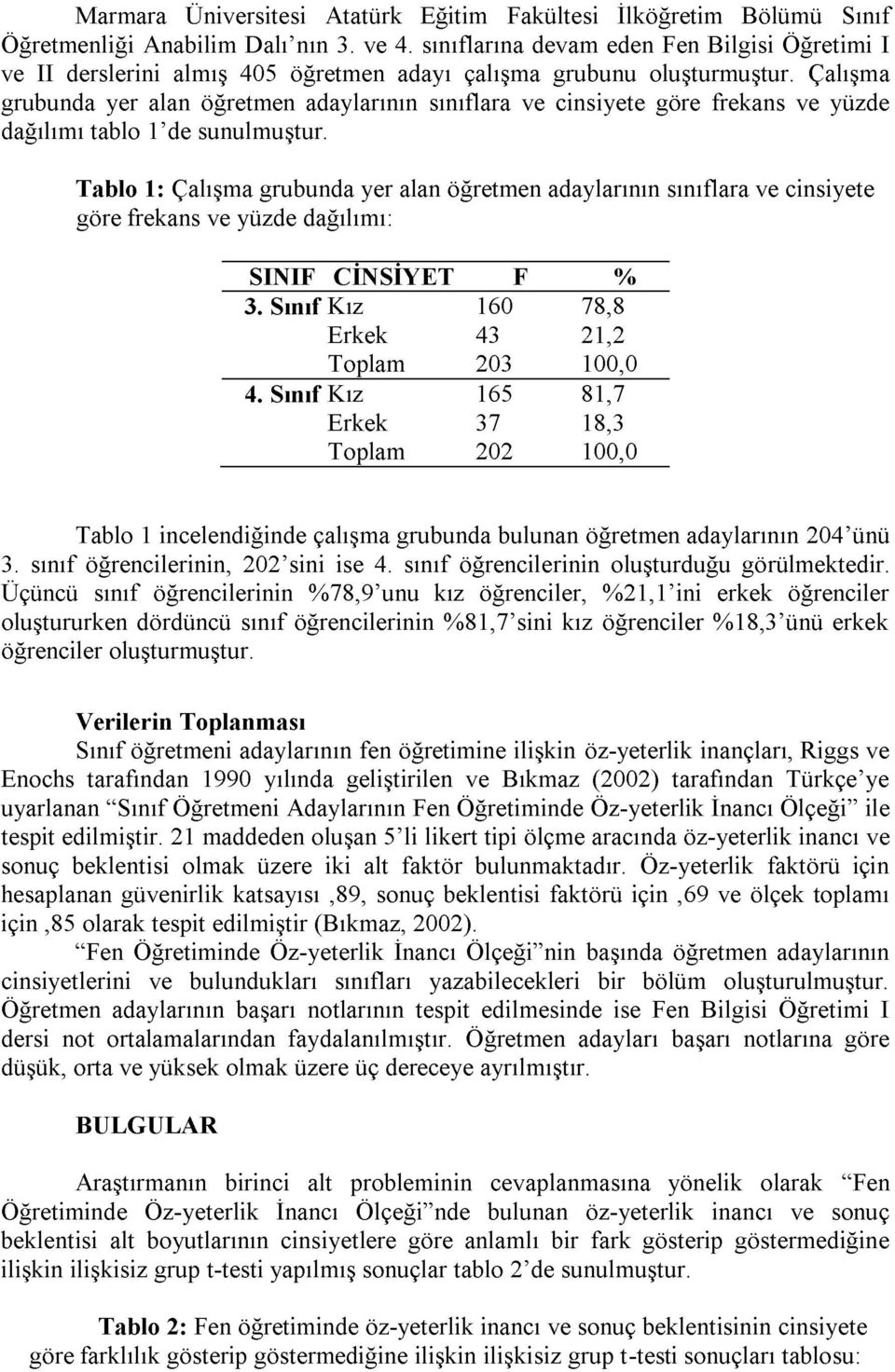 Çalışma grubunda yer alan öğretmen adaylarının sınıflara ve cinsiyete göre frekans ve yüzde dağılımı tablo 1 de sunulmuştur.