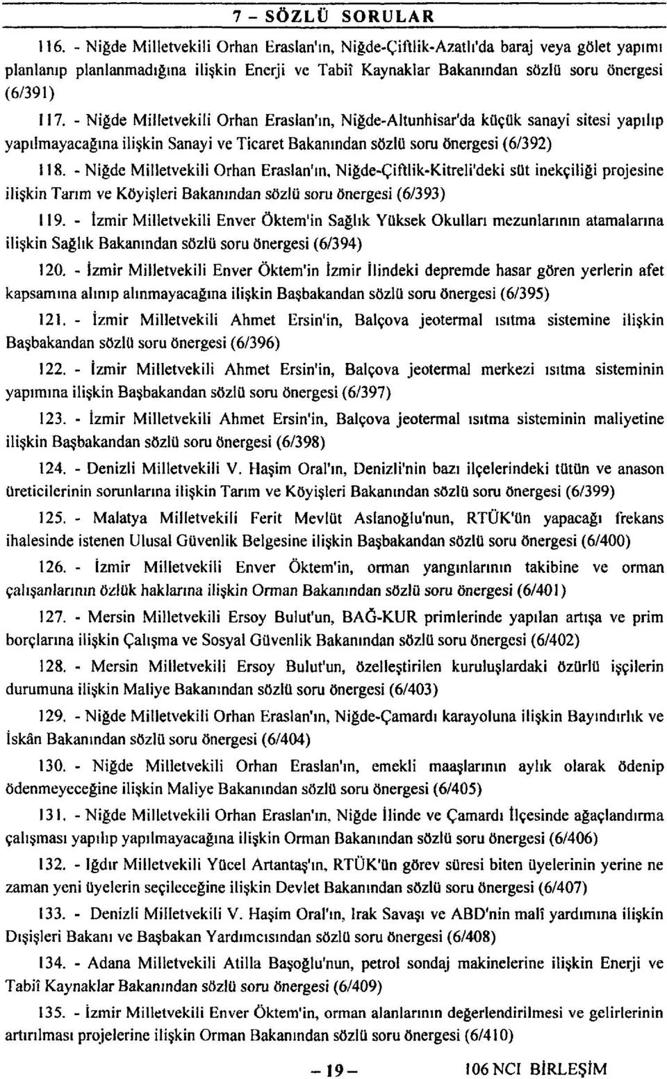- Niğde Milletvekili Orhan Eraslan'ın, Niğde-Altunhisar'da küçük sanayi sitesi yapılıp yapılmayacağına ilişkin Sanayi ve Ticaret Bakanından sözlü soru önergesi (6/392) 118.