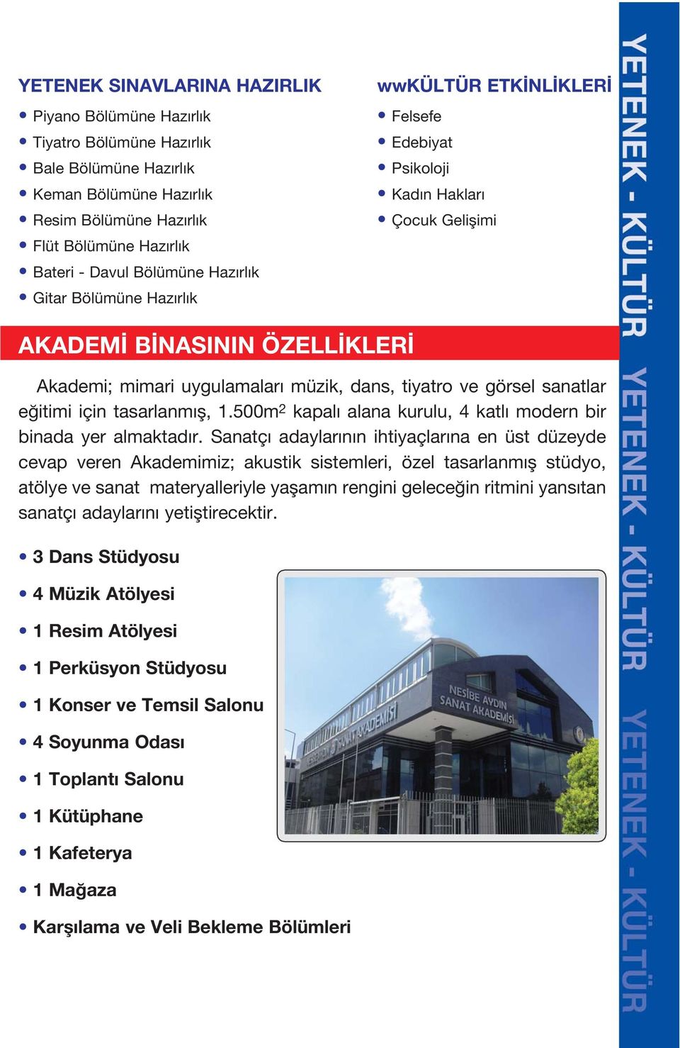 sanatlar e itimi için tasarlanm fl, 1.500m 2 kapal alana kurulu, 4 katl modern bir binada yer almaktad r.