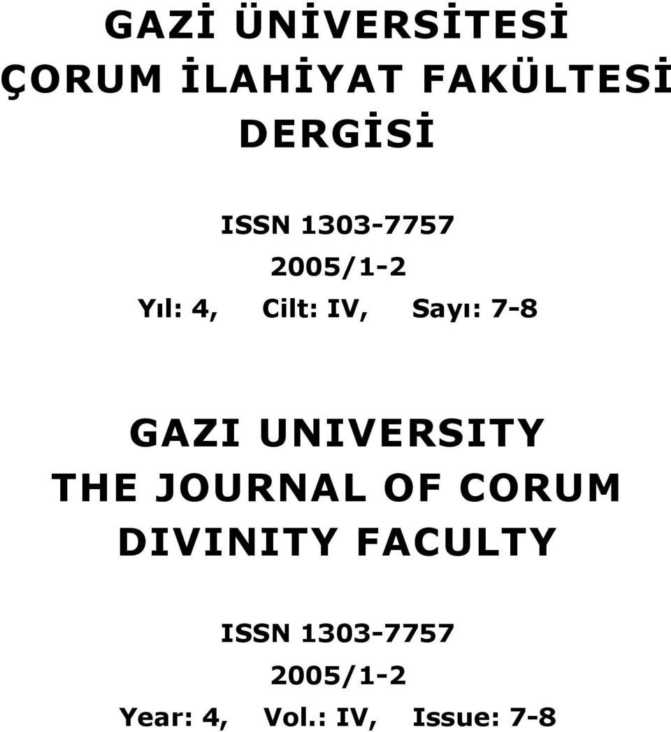 GAZI UNIVERSITY THE JOURNAL OF CORUM DIVINITY