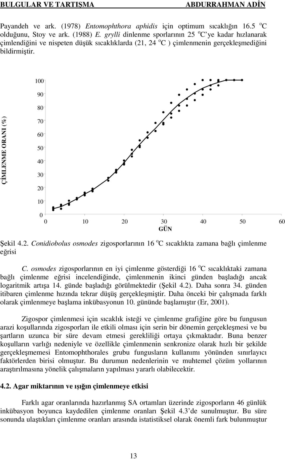 100 90 80 ÇİMLENME ORANI (%) 70 60 50 40 30 20 10 0 0 10 20 30 40 50 60 GÜN Şekil 4.2. Conidiobolus osmodes zigosporlarının 16 o C sıcaklıkta zamana bağlı çimlenme eğrisi C.