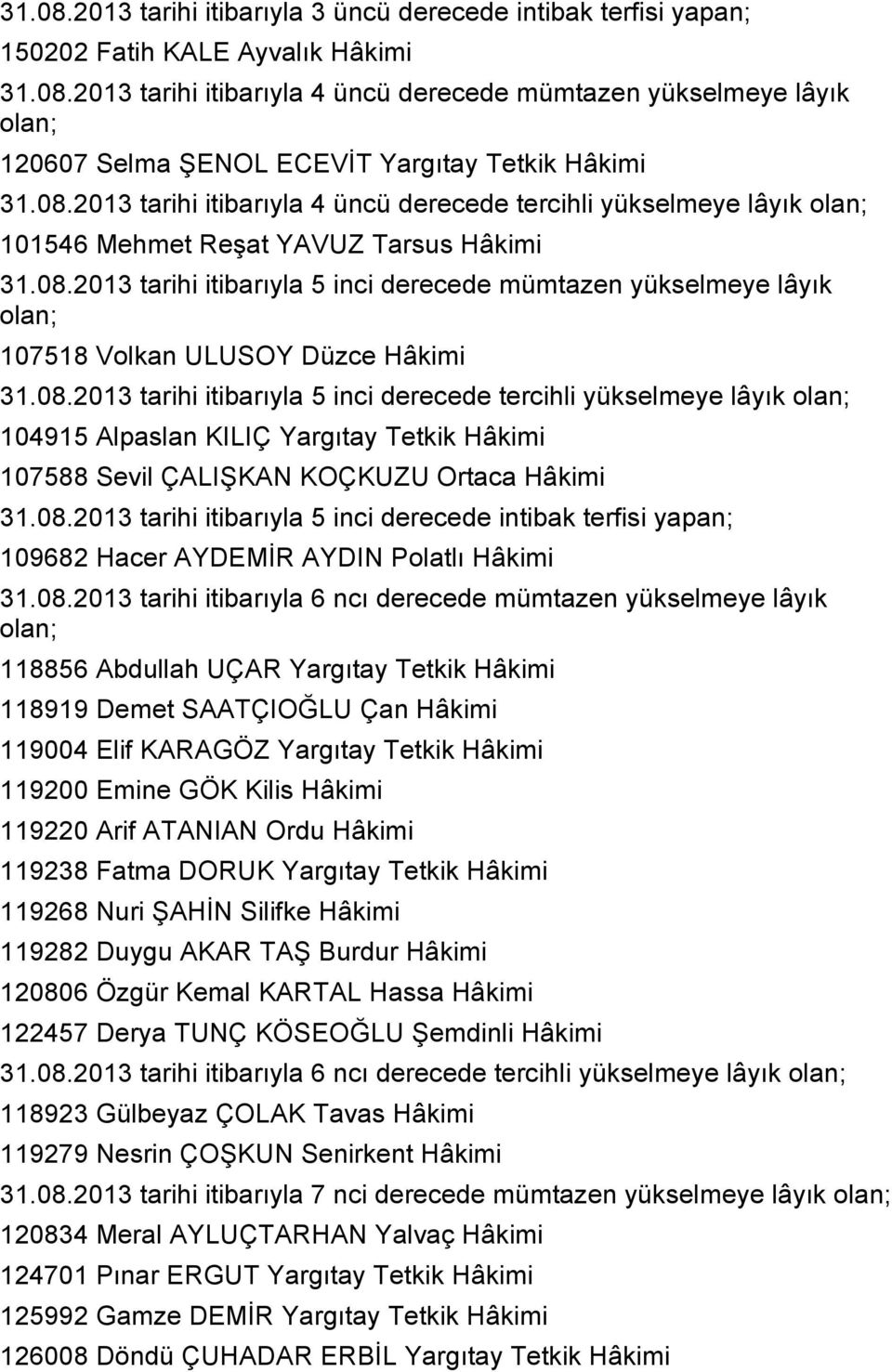 08.2013 tarihi itibarıyla 5 inci derecede tercihli yükselmeye lâyık olan; 104915 Alpaslan KILIÇ Yargıtay Tetkik Hâkimi 107588 Sevil ÇALIġKAN KOÇKUZU Ortaca Hâkimi 31.08.2013 tarihi itibarıyla 5 inci derecede intibak terfisi yapan; 109682 Hacer AYDEMĠR AYDIN Polatlı Hâkimi 31.