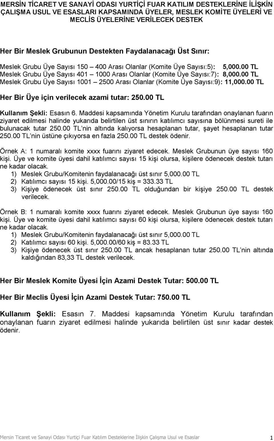 00 TL Meslek Grubu Üye Sayısı 1001 2500 Arası Olanlar (Komite Üye Sayısı:9): 11,000.00 TL Her Bir Üye için verilecek azami tutar: 250.00 TL Kullanım Şekli: Esasın 6.