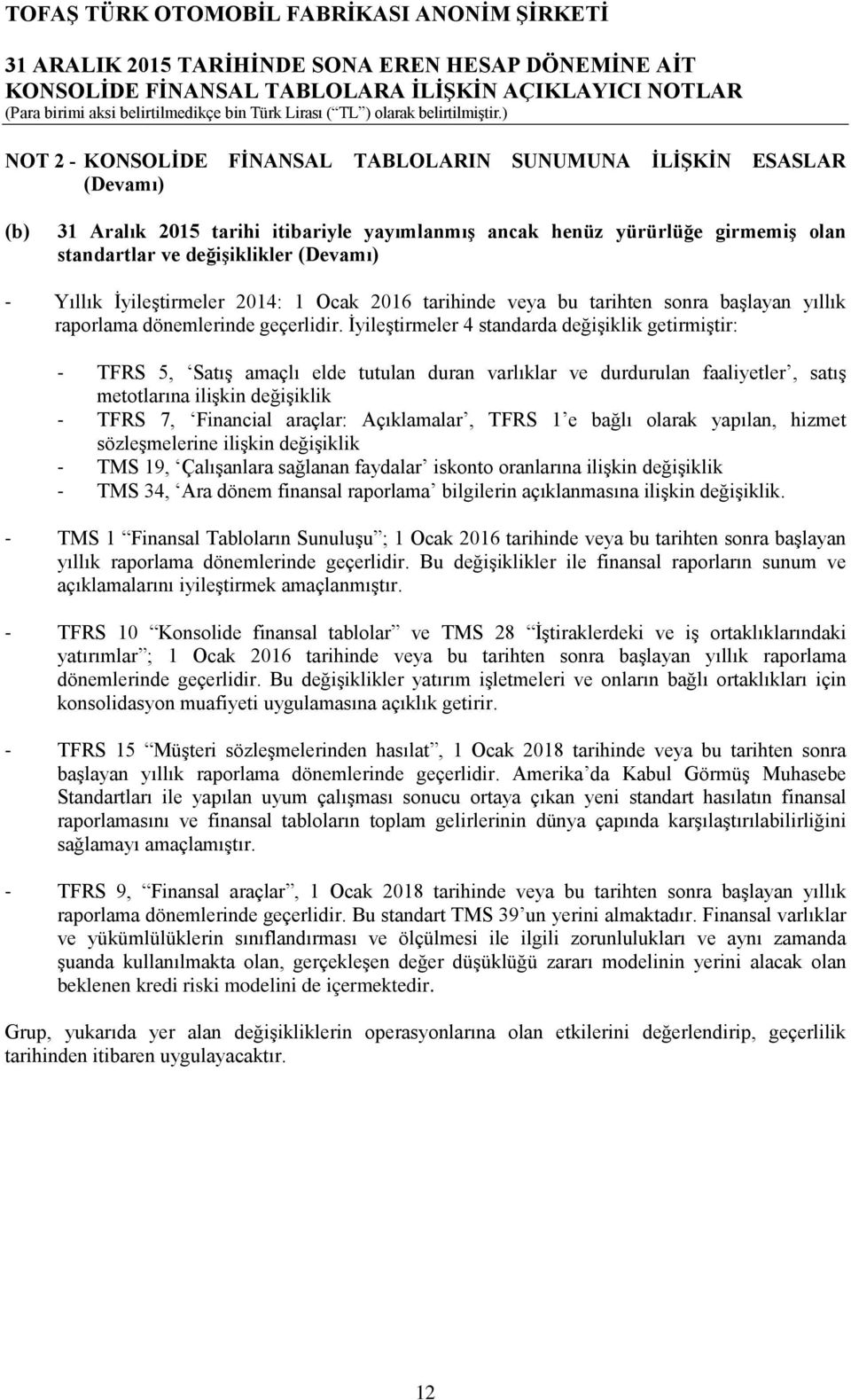 İyileştirmeler 4 standarda değişiklik getirmiştir: - TFRS 5, Satış amaçlı elde tutulan duran varlıklar ve durdurulan faaliyetler, satış metotlarına ilişkin değişiklik - TFRS 7, Financial araçlar: