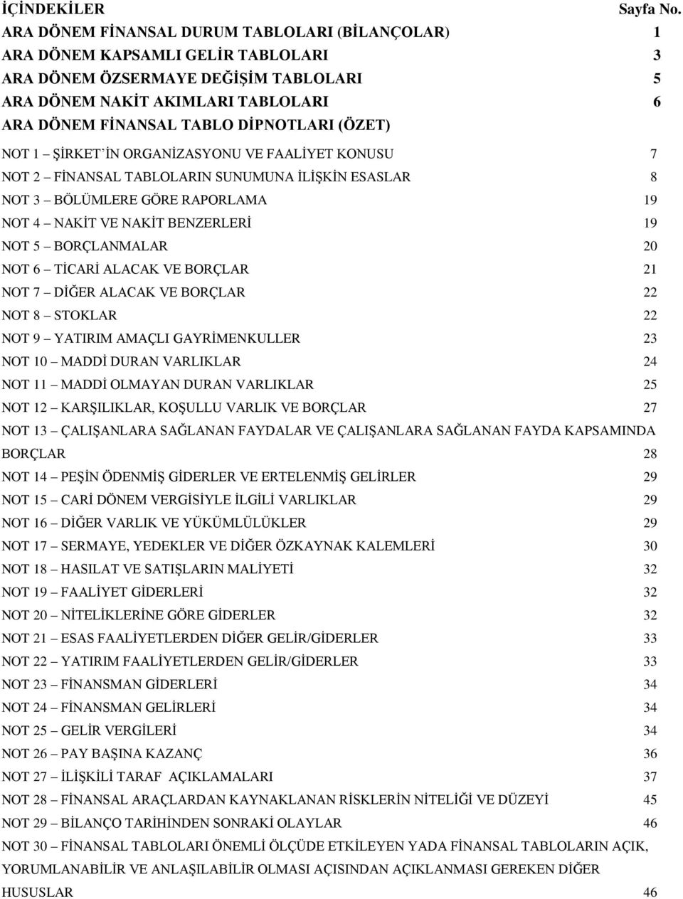 (ÖZET) NOT 1 ŞİRKET İN ORGANİZASYONU VE FAALİYET KONUSU 7 NOT 2 FİNANSAL TABLOLARIN SUNUMUNA İLİŞKİN ESASLAR 8 NOT 3 BÖLÜMLERE GÖRE RAPORLAMA 19 NOT 4 NAKİT VE NAKİT BENZERLERİ 19 NOT 5 BORÇLANMALAR