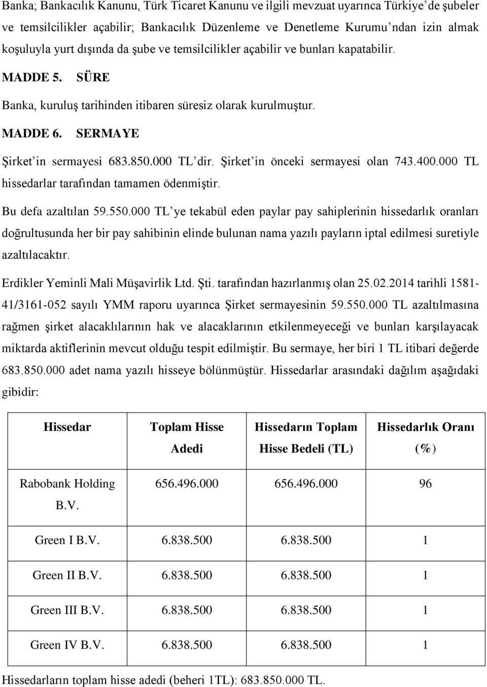 Şirket in önceki sermayesi olan 743.400.000 TL hissedarlar tarafından tamamen ödenmiştir. Bu defa azaltılan 59.550.