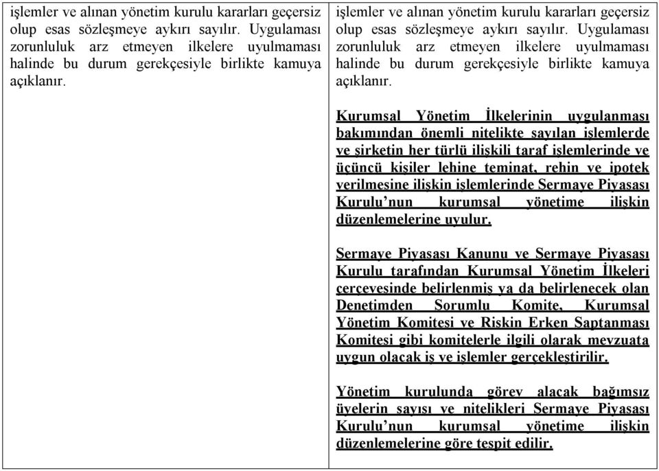 ilişkin işlemlerinde Sermaye Piyasası Kurulu nun kurumsal yönetime ilişkin düzenlemelerine uyulur.