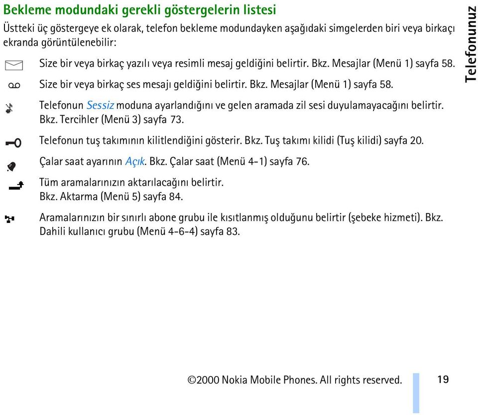 Bkz. Tercihler (Menü 3) sayfa 73. Telefonun tuþ takýmýnýn kilitlendiðini gösterir. Bkz. Tuþ takýmý kilidi (Tuþ kilidi) sayfa 20. Çalar saat ayarýnýn Açýk. Bkz. Çalar saat (Menü 4-1) sayfa 76.