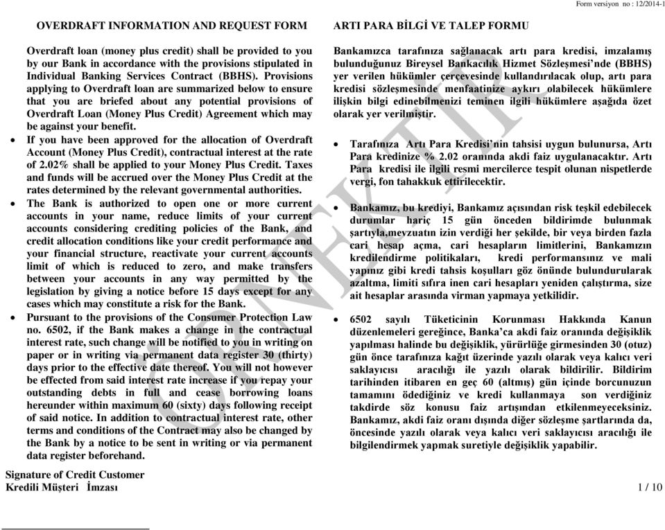 Provisions applying to Overdraft loan are summarized below to ensure that you are briefed about any potential provisions of Overdraft Loan (Money Plus Credit) Agreement which may be against your