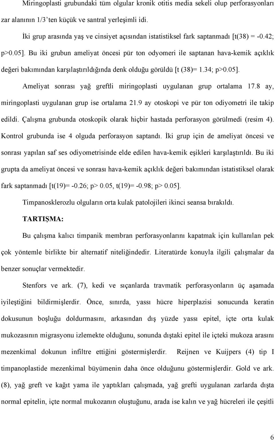 Bu iki grubun ameliyat öncesi pür ton odyomeri ile saptanan hava-kemik açıklık değeri bakımından karşılaştırıldığında denk olduğu görüldü [t (38)= 1.34; p>0.05].