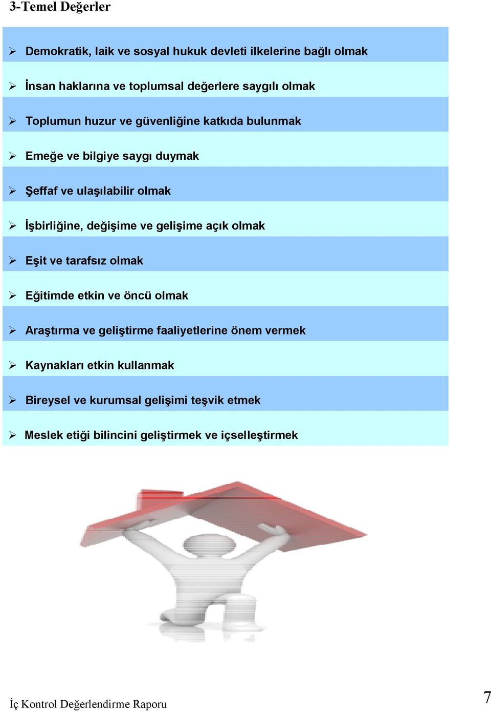 gelişime açık olmak Eşit ve tarafsız olmak Eğitimde etkin ve öncü olmak Araştırma ve geliştirme faaliyetlerine önem vermek Kaynakları