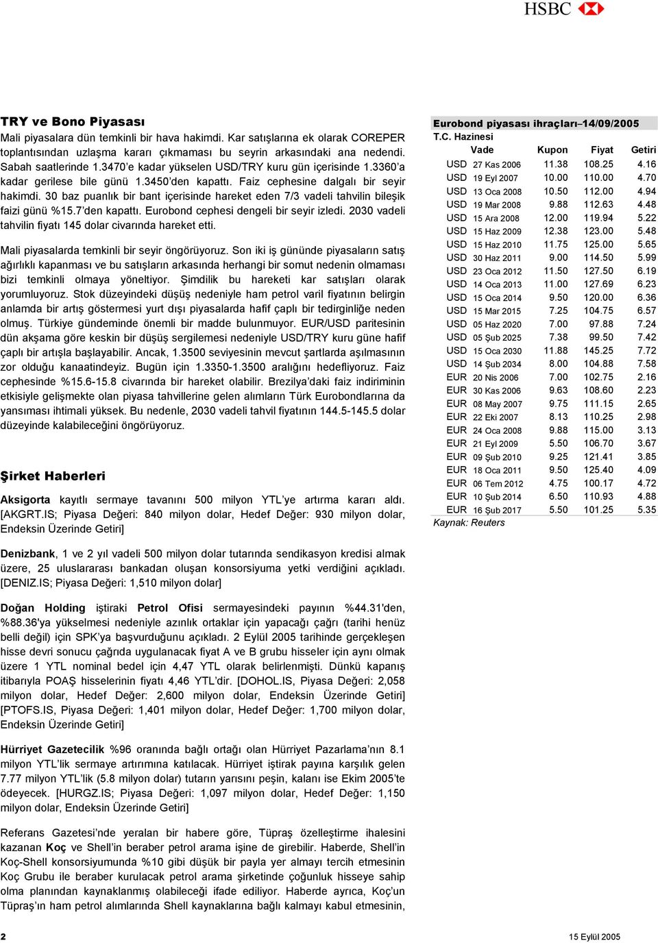 30 baz puanlık bir bant içerisinde hareket eden 7/3 vadeli tahvilin bileşik faizi günü %15.7 den kapattı. Eurobond cephesi dengeli bir seyir izledi.