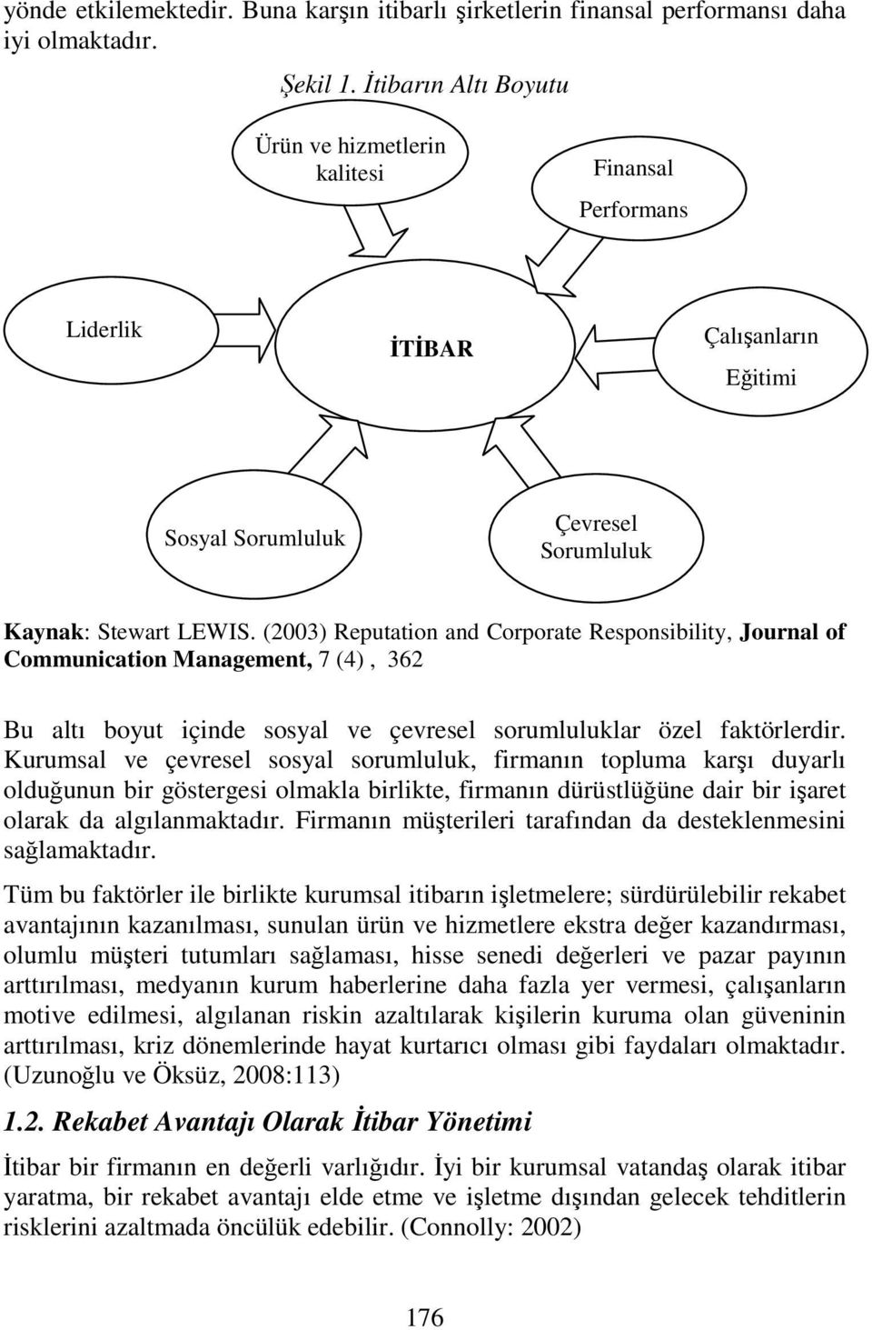 (2003) Reputation and Corporate Responsibility, Journal of Communication Management, 7 (4), 362 Bu altı boyut içinde sosyal ve çevresel sorumluluklar özel faktörlerdir.