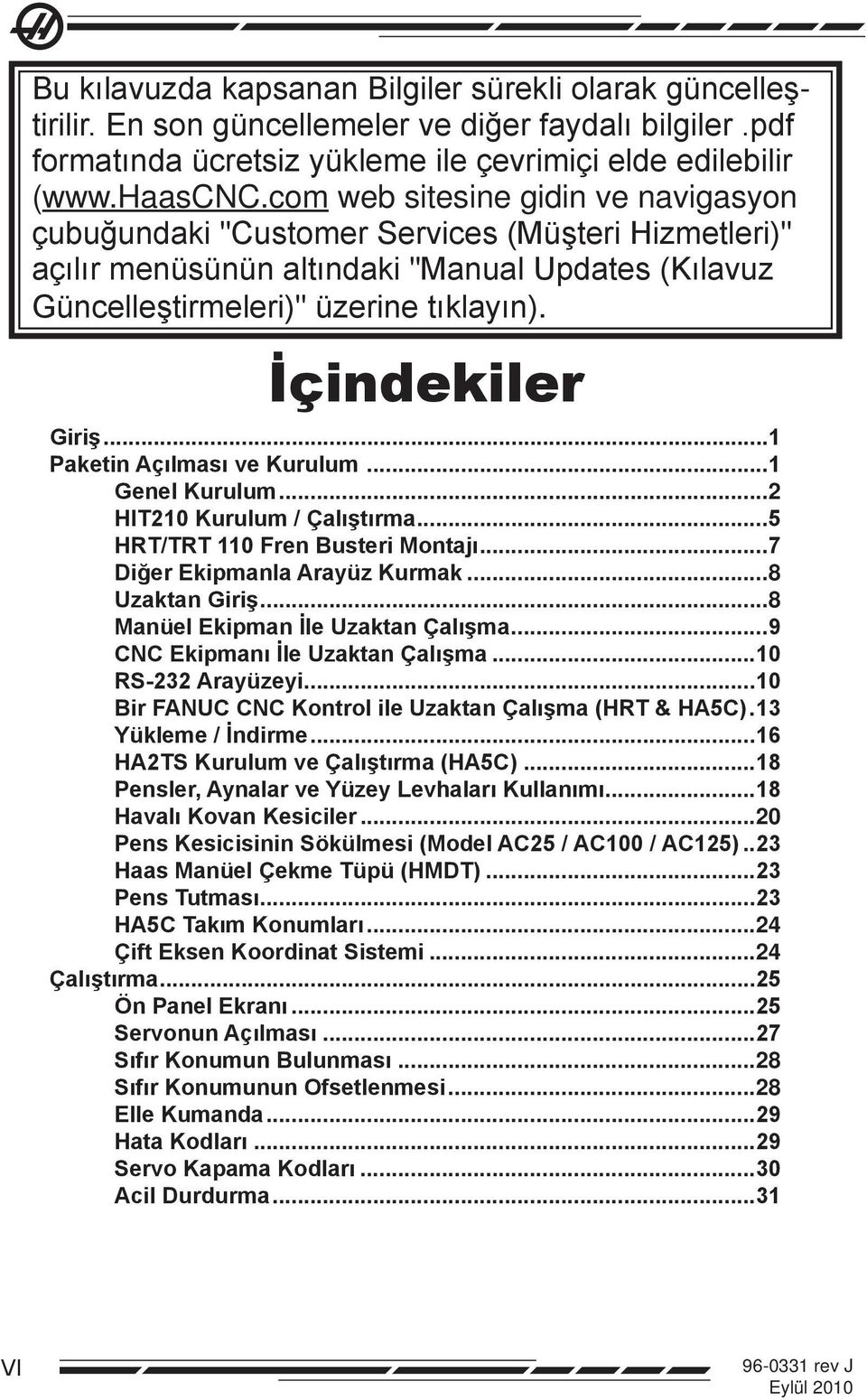 ..1 Paketin Açılması ve Kurulum...1 Genel Kurulum...2 HIT210 Kurulum / Çalıştırma...5 HRT/TRT 110 Fren Busteri Montajı...7 Diğer Ekipmanla Arayüz Kurmak...8 Uzaktan Giriş.