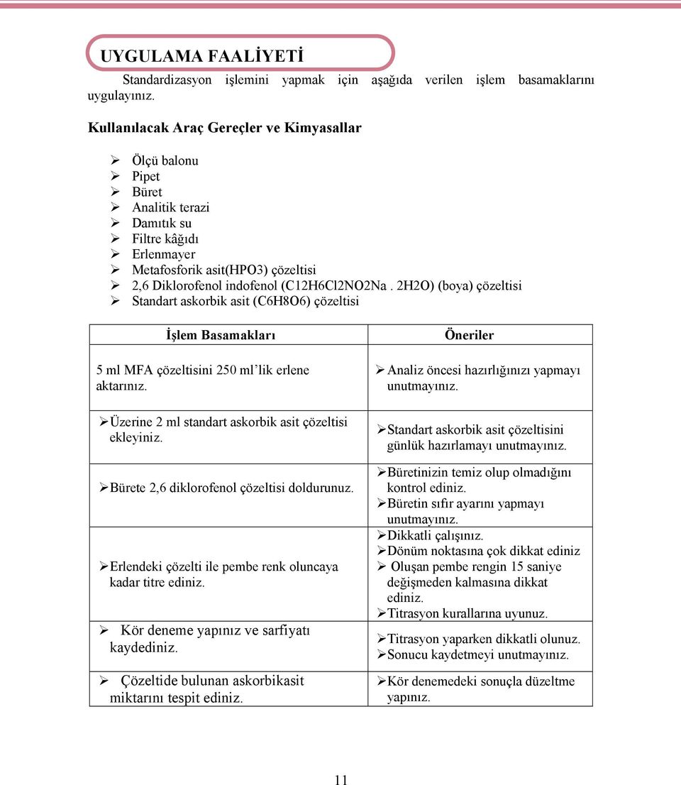 2H2O) (boya) çözeltisi Standart askorbik asit (C6H8O6) çözeltisi İşlem Basamakları 5 ml MFA çözeltisini 250 ml lik erlene aktarınız. Üzerine 2 ml standart askorbik asit çözeltisi ekleyiniz.