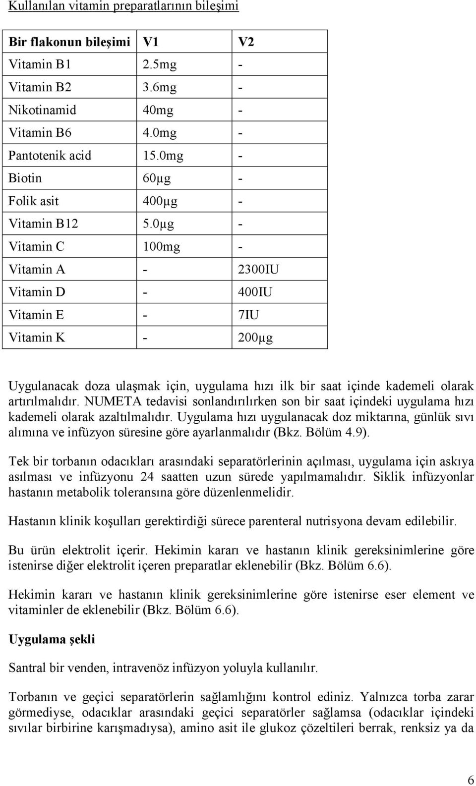 0µg - Vitamin C 100mg - Vitamin A - 2300IU Vitamin D - 400IU Vitamin E - 7IU Vitamin K - 200µg Uygulanacak doza ulaşmak için, uygulama hızı ilk bir saat içinde kademeli olarak artırılmalıdır.