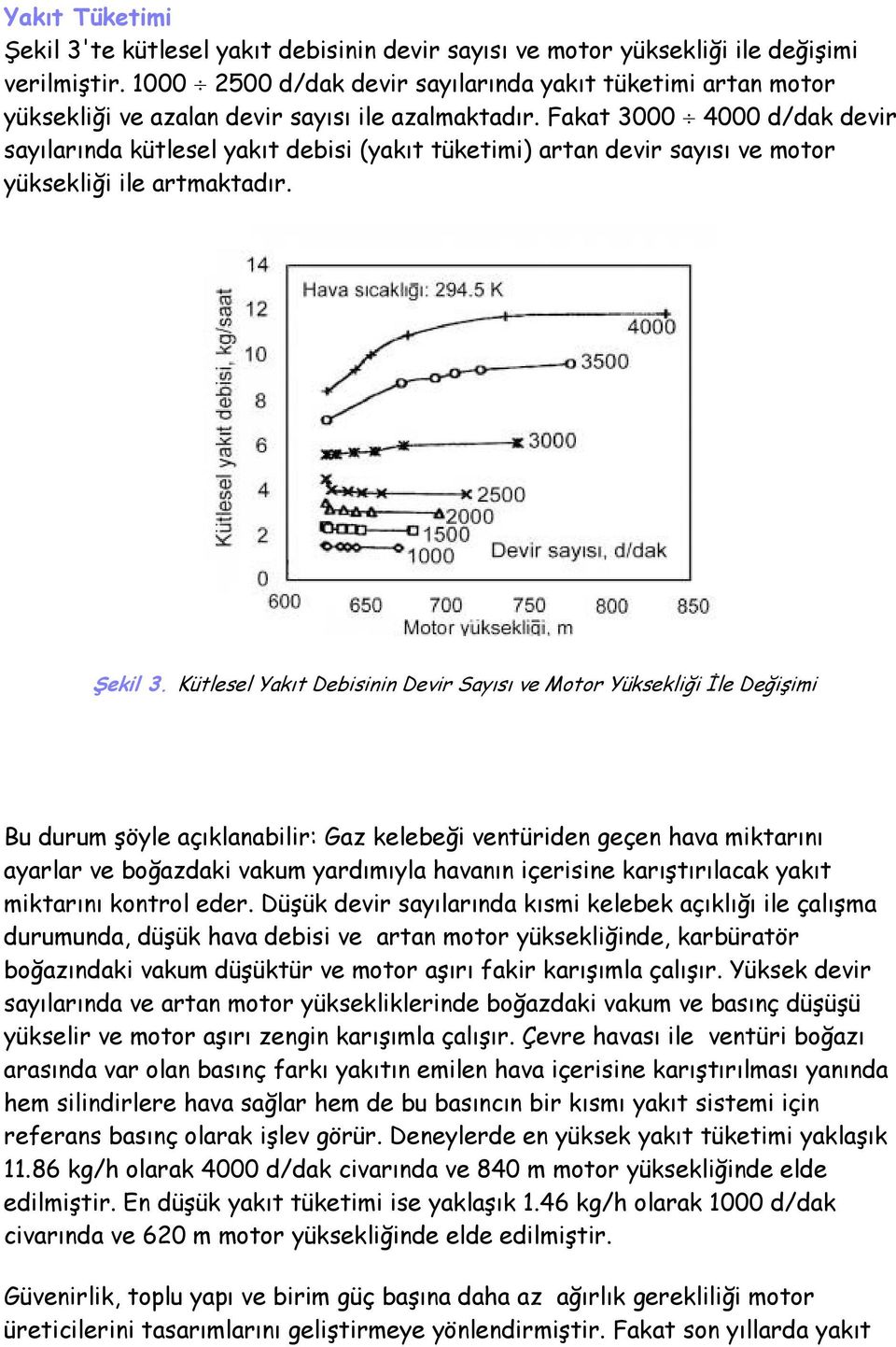 Fakat 3000 4000 d/dak devir sayılarında kütlesel yakıt debisi (yakıt tüketimi) artan devir sayısı ve motor yüksekliği ile artmaktadır. Şekil 3.