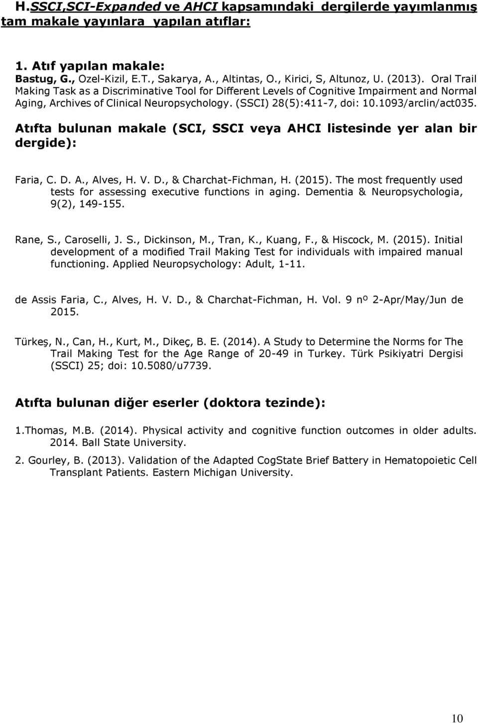 (SSCI) 28(5):411-7, doi: 10.1093/arclin/act035. Atıfta bulunan makale (SCI, SSCI veya AHCI listesinde yer alan bir dergide): Faria, C. D. A., Alves, H. V. D., & Charchat-Fichman, H. (2015).