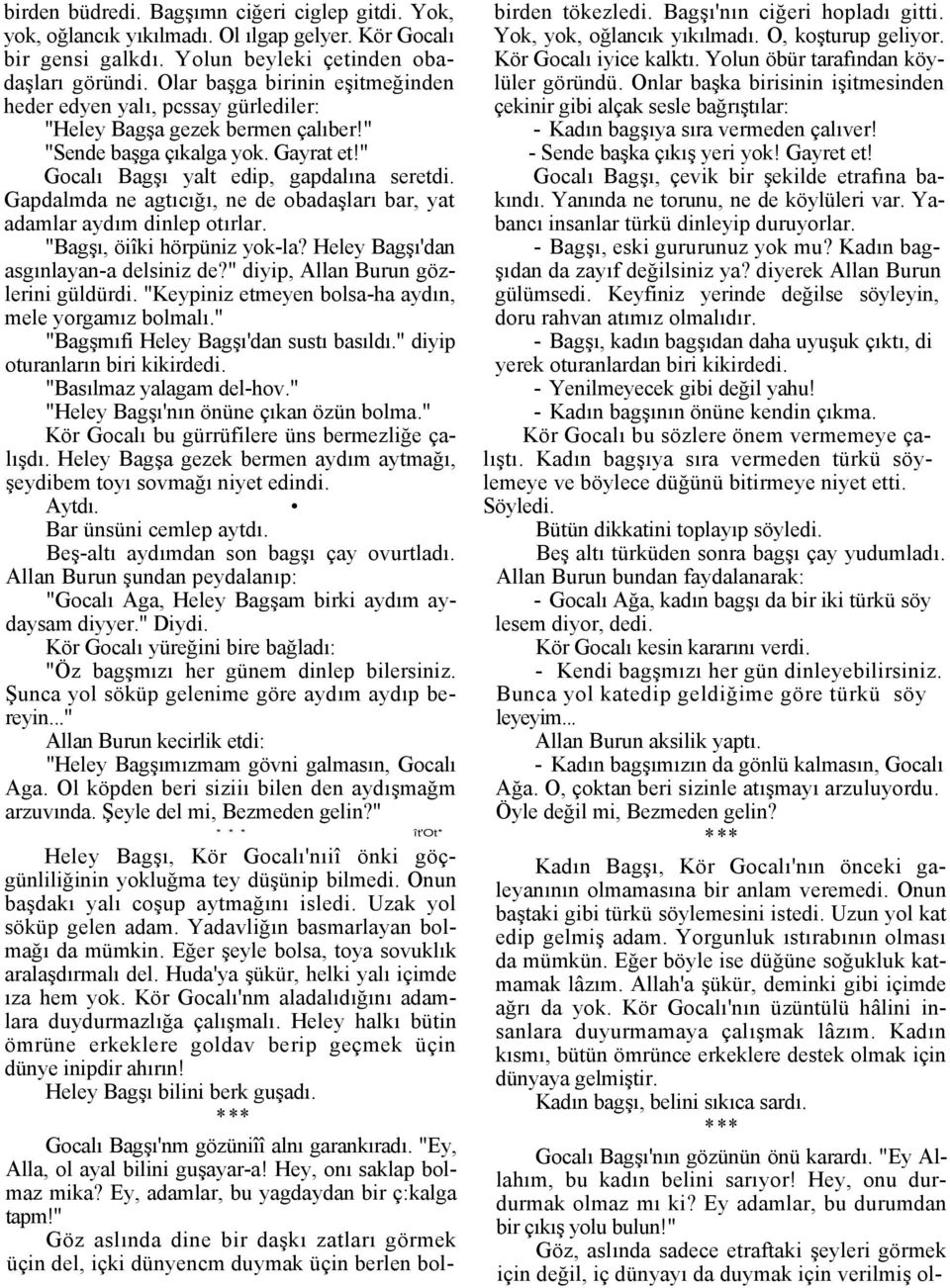 Gapdalmda ne agtıcığı, ne de obadaşları bar, yat adamlar aydım dinlep otırlar. "Bagşı, öiîki hörpüniz yok-la? Heley Bagşı'dan asgınlayan-a delsiniz de?" diyip, Allan Burun gözlerini güldürdi.