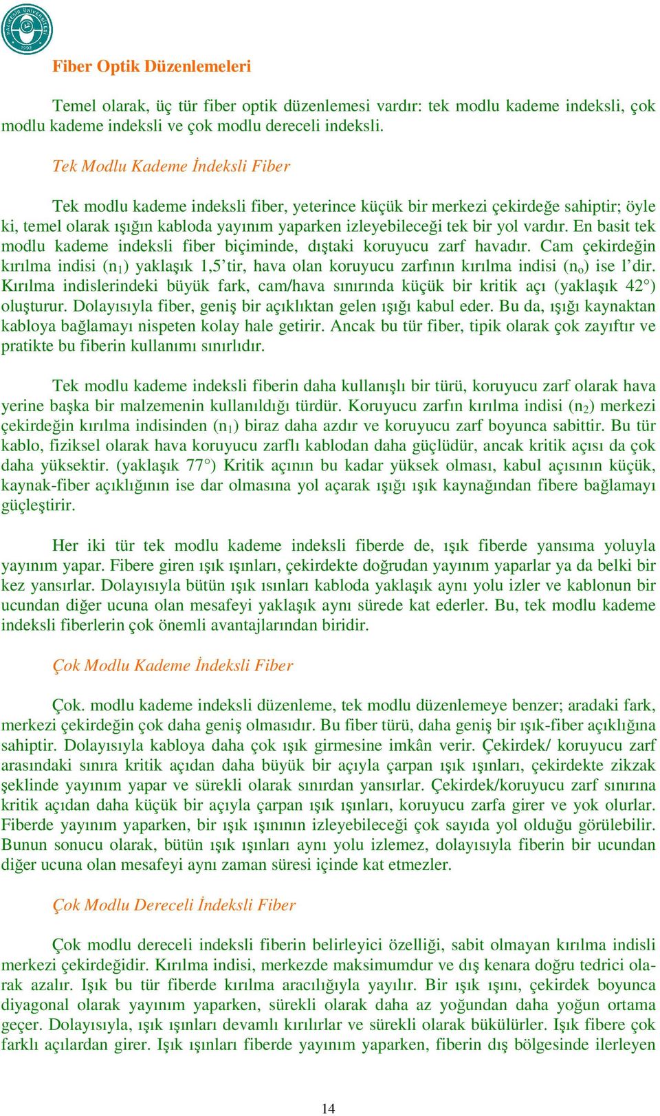 E basit tek modlu kademe ideksli fiber biçimide, dıştaki koruyucu zarf havadır. Cam çekirdeği kırılma idisi ( ) yaklaşık,5 tir, hava ola koruyucu zarfıı kırılma idisi ( o ) ise l dir.