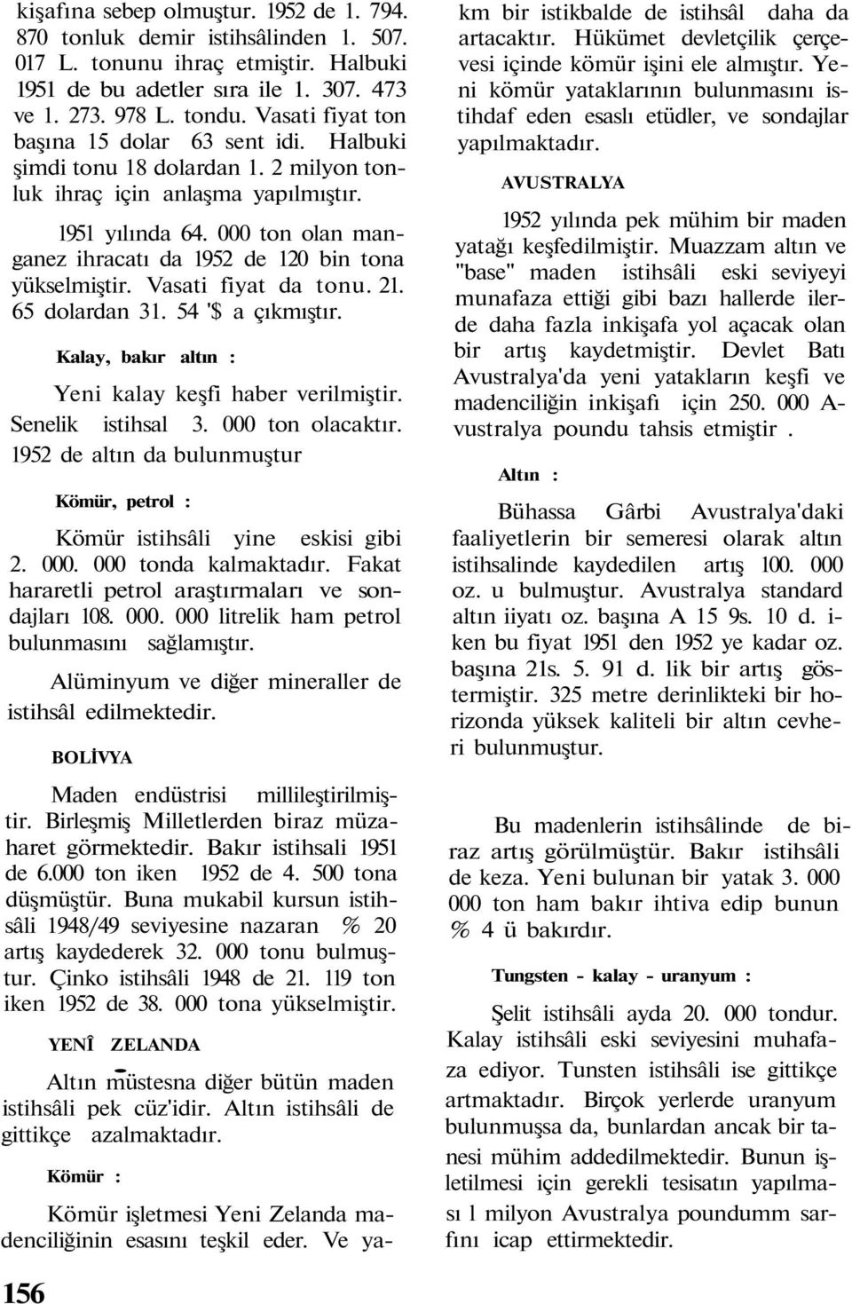 000 ton olan manganez ihracatı da 1952 de 120 bin tona yükselmiştir. Vasati fiyat da tonu. 21. 65 dolardan 31. 54 '$ a çıkmıştır. Kalay, bakır altın : Yeni kalay keşfi haber verilmiştir.