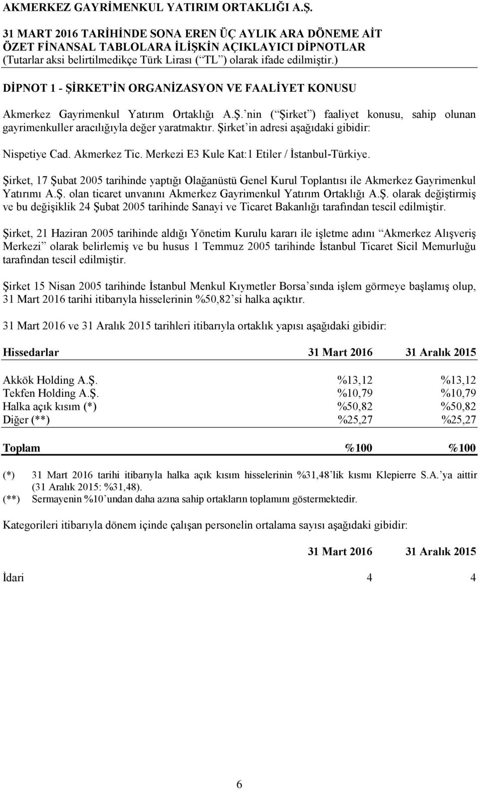 Şirket, 17 Şubat 2005 tarihinde yaptığı Olağanüstü Genel Kurul Toplantısı ile Akmerkez Gayrimenkul Yatırımı A.Ş. olan ticaret unvanını Akmerkez Gayrimenkul Yatırım Ortaklığı A.Ş. olarak değiştirmiş ve bu değişiklik 24 Şubat 2005 tarihinde Sanayi ve Ticaret Bakanlığı tarafından tescil edilmiştir.