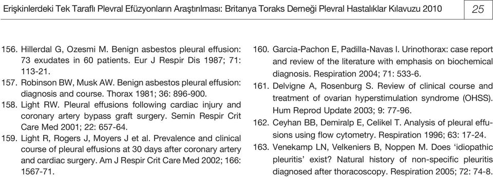 Thorax 1981; 36: 896-900. 158. Light RW. Pleural effusions following cardiac injury and coronary artery bypass graft surgery. Semin Respir Crit Care Med 2001; 22: 657-64. 159.
