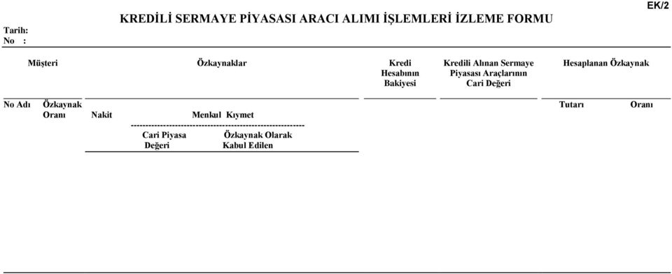 Değeri Hesaplanan Özkaynak No Adı Özkaynak Oranı Nakit Menkul Kıymet