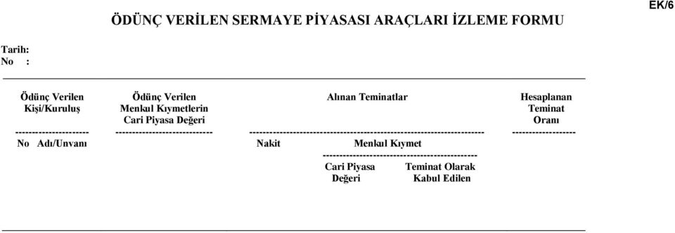 ----------------------------- Alınan Teminatlar