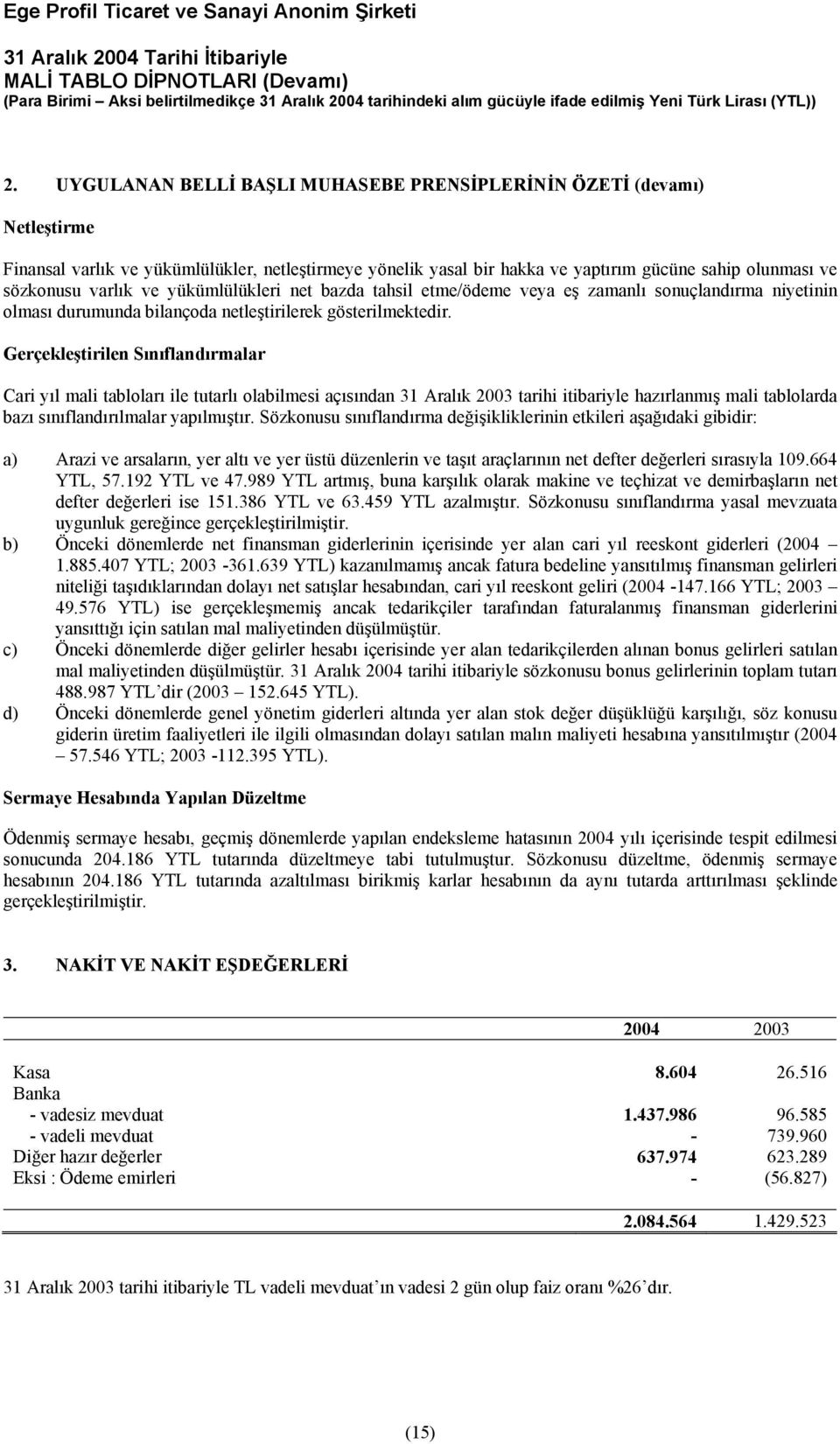 Gerçekleştirilen Sınıflandırmalar Cari yıl mali tabloları ile tutarlı olabilmesi açısından 31 Aralık 2003 tarihi itibariyle hazırlanmış mali tablolarda bazı sınıflandırılmalar yapılmıştır.