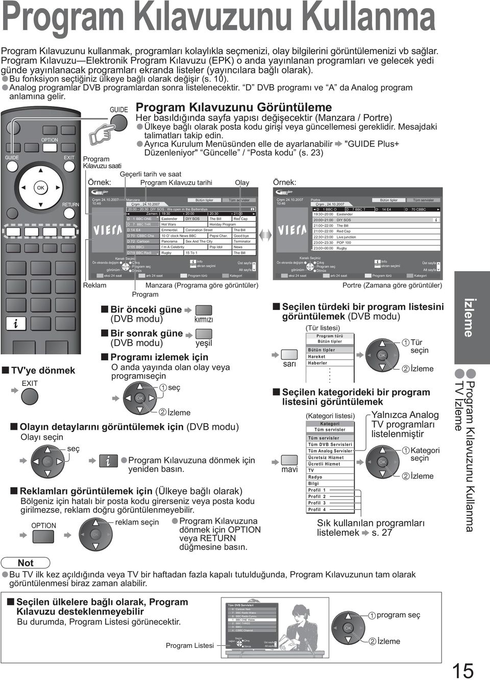 Bu fonksiyon ti iniz ülkeye ba l olarak de i ir (s. 10). Analog programlar DVB programlardan sonra listelenecektir. D DVB program ve A da Analog program anlam na gelir.