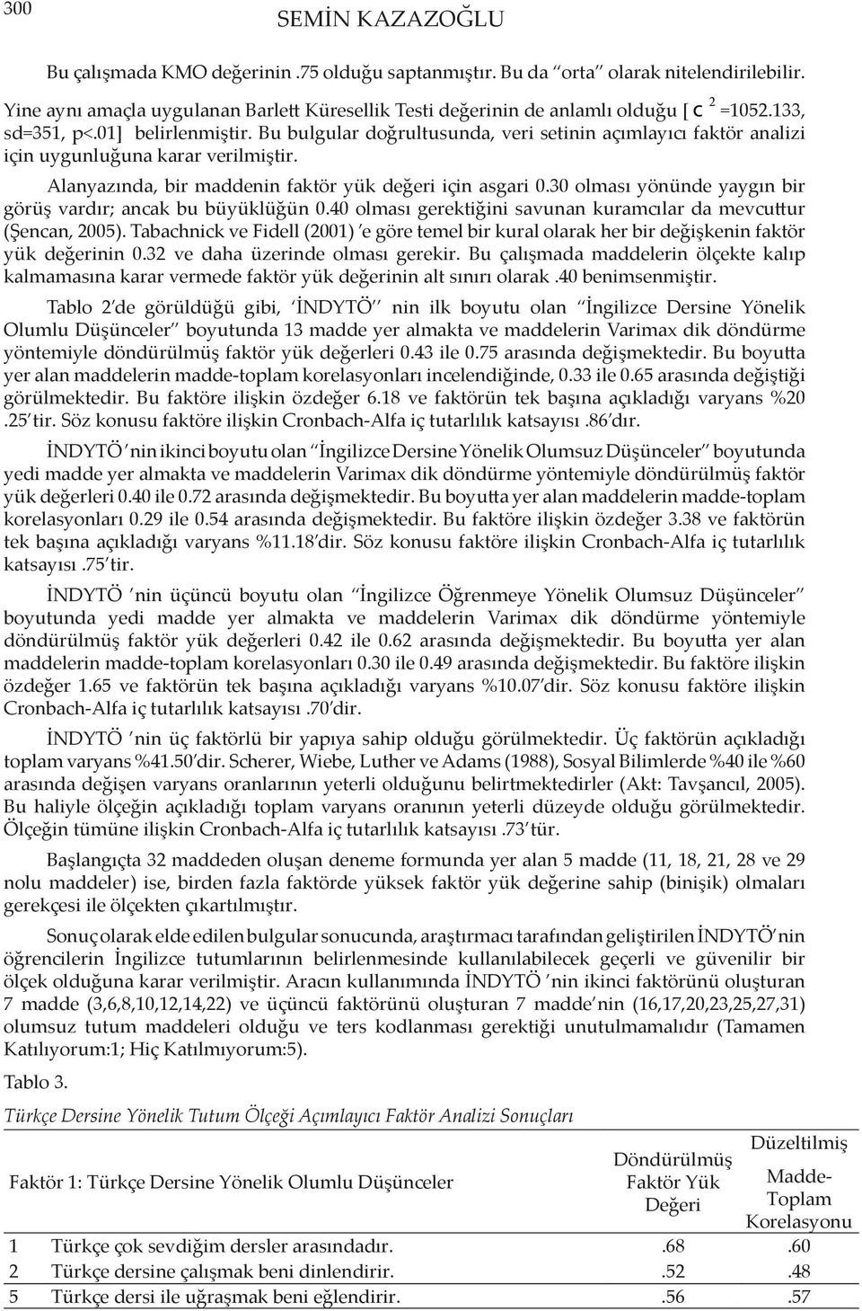 Bu bulgular doğrultusunda, veri setinin açımlayıcı faktör analizi için uygunluğuna karar verilmiştir. Alanyazında, bir maddenin faktör yük değeri için asgari 0.