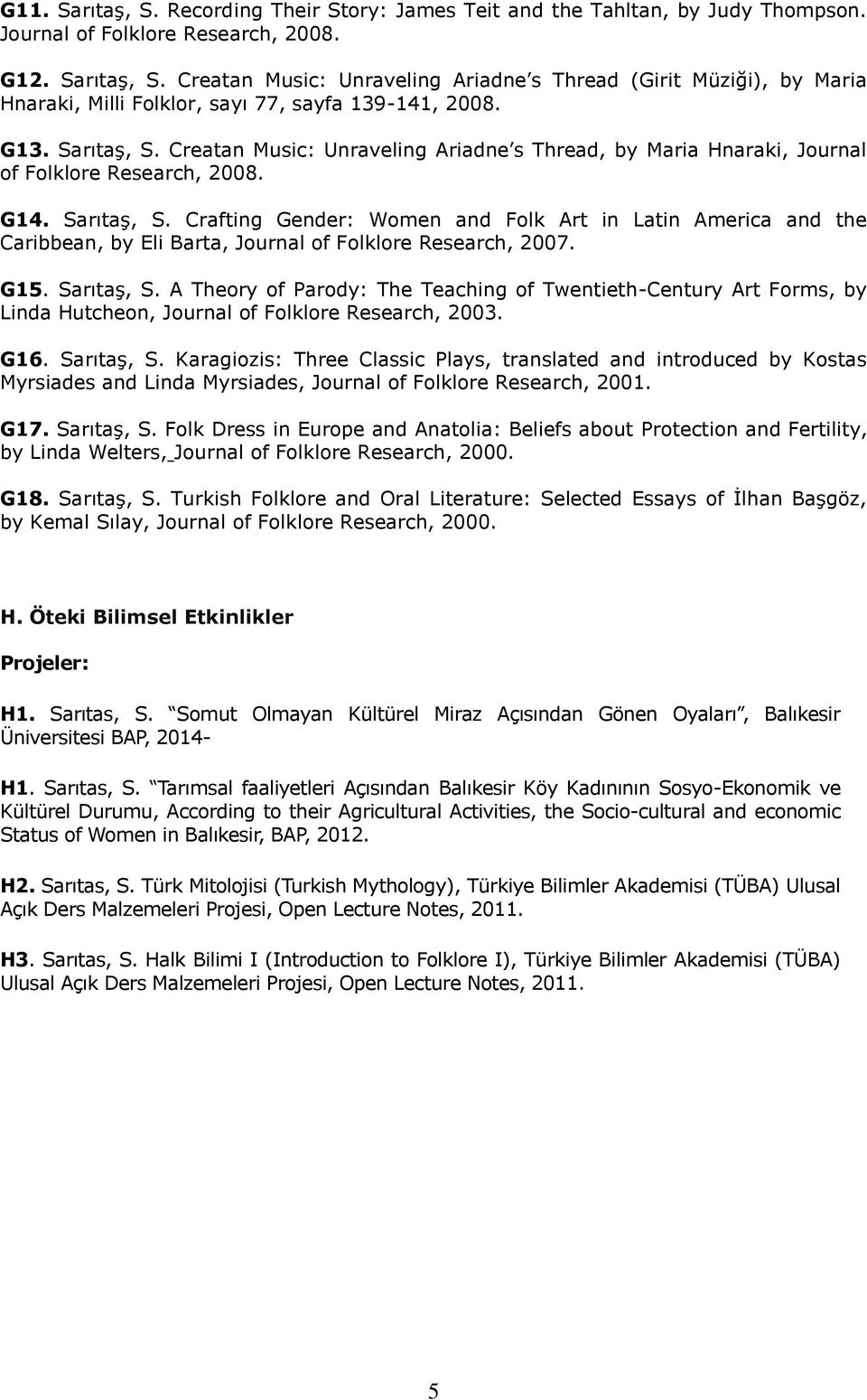 G15. Sarıtaş, S. A Theory of Parody: The Teaching of Twentieth-Century Art Forms, by Linda Hutcheon, Journal of Folklore Research, 2003. G16. Sarıtaş, S. Karagiozis: Three Classic Plays, translated and introduced by Kostas Myrsiades and Linda Myrsiades, Journal of Folklore Research, 2001.