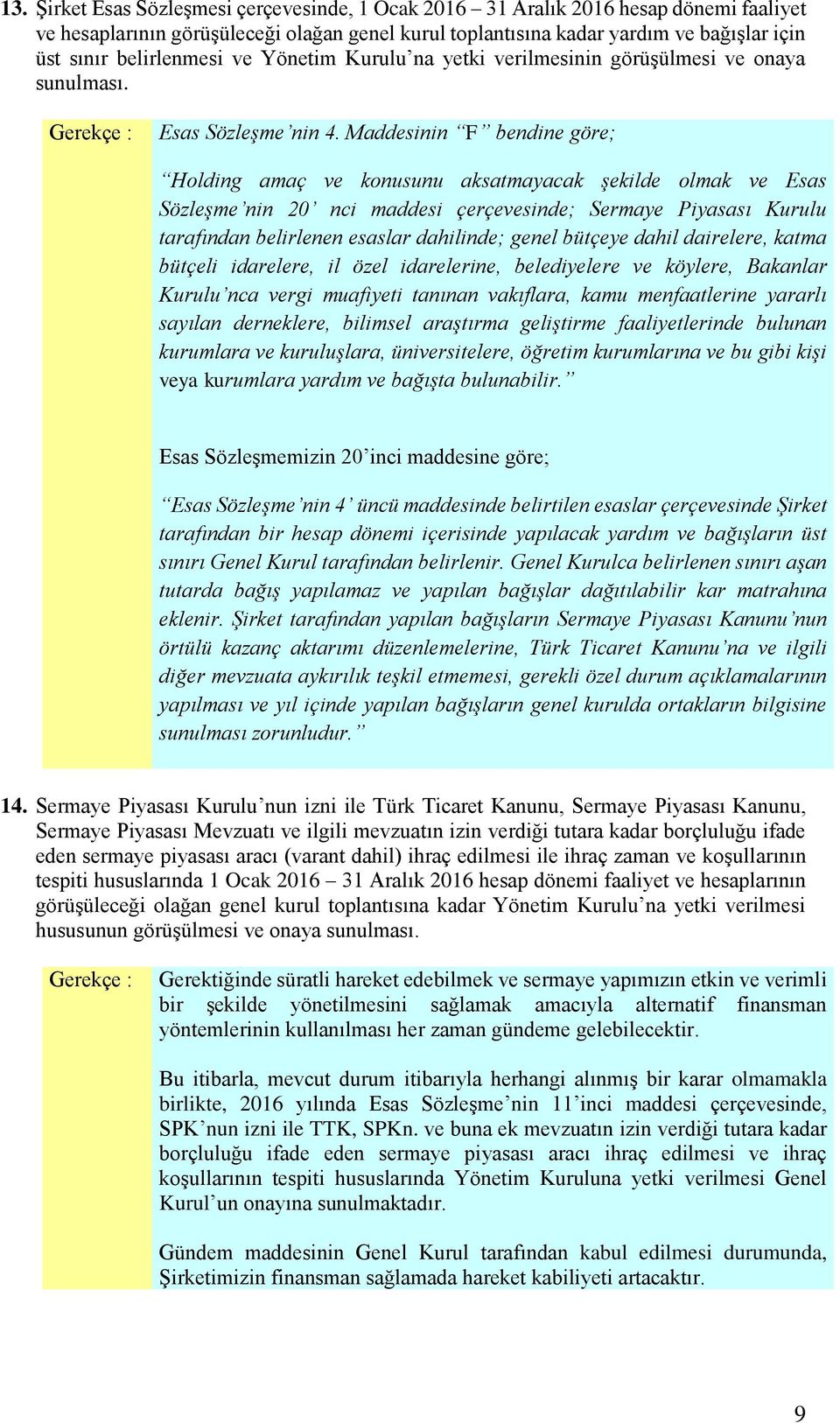 Maddesinin F bendine göre; Holding amaç ve konusunu aksatmayacak şekilde olmak ve Esas Sözleşme nin 20 nci maddesi çerçevesinde; Sermaye Piyasası Kurulu tarafından belirlenen esaslar dahilinde; genel