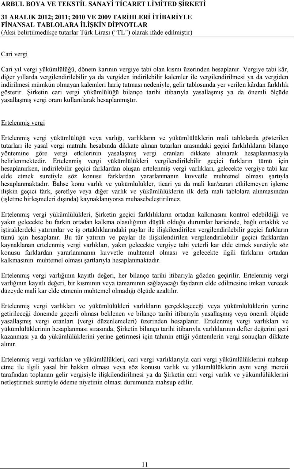 tablosunda yer verilen kârdan farklılık gösterir. Şirketin cari vergi yükümlülüğü bilanço tarihi itibarıyla yasallaşmış ya da önemli ölçüde yasallaşmış vergi oranı kullanılarak hesaplanmıştır.