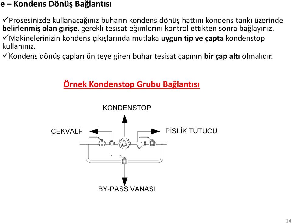 Makinelerinizin kondens çıkışlarında mutlaka uygun tip ve çapta kondenstop kullanınız.