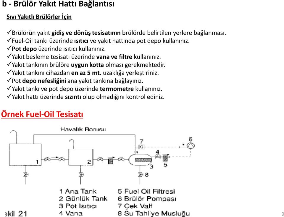 Yakıt besleme tesisatı üzerinde vana ve filtre kullanınız. Yakıt tankının brülöre uygun kotta olması gerekmektedir. Yakıt tankını cihazdan en az 5 mt.