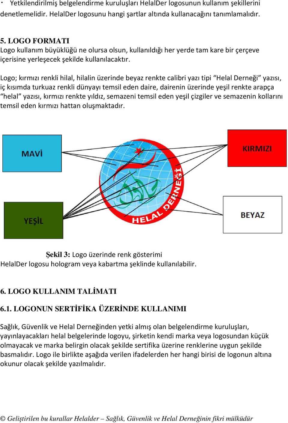 Logo; kırmızı renkli hilal, hilalin üzerinde beyaz renkte calibri yazı tipi Helal Derneği yazısı, iç kısımda turkuaz renkli dünyayı temsil eden daire, dairenin üzerinde yeşil renkte arapça helal