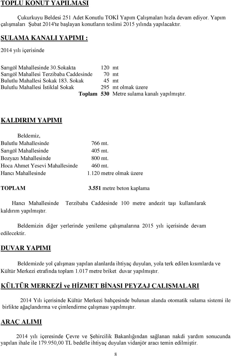 Sokak 45 mt Bulutlu Mahallesi İstiklal Sokak 295 mt olmak üzere Toplam 530 Metre sulama kanalı yapılmıştır.