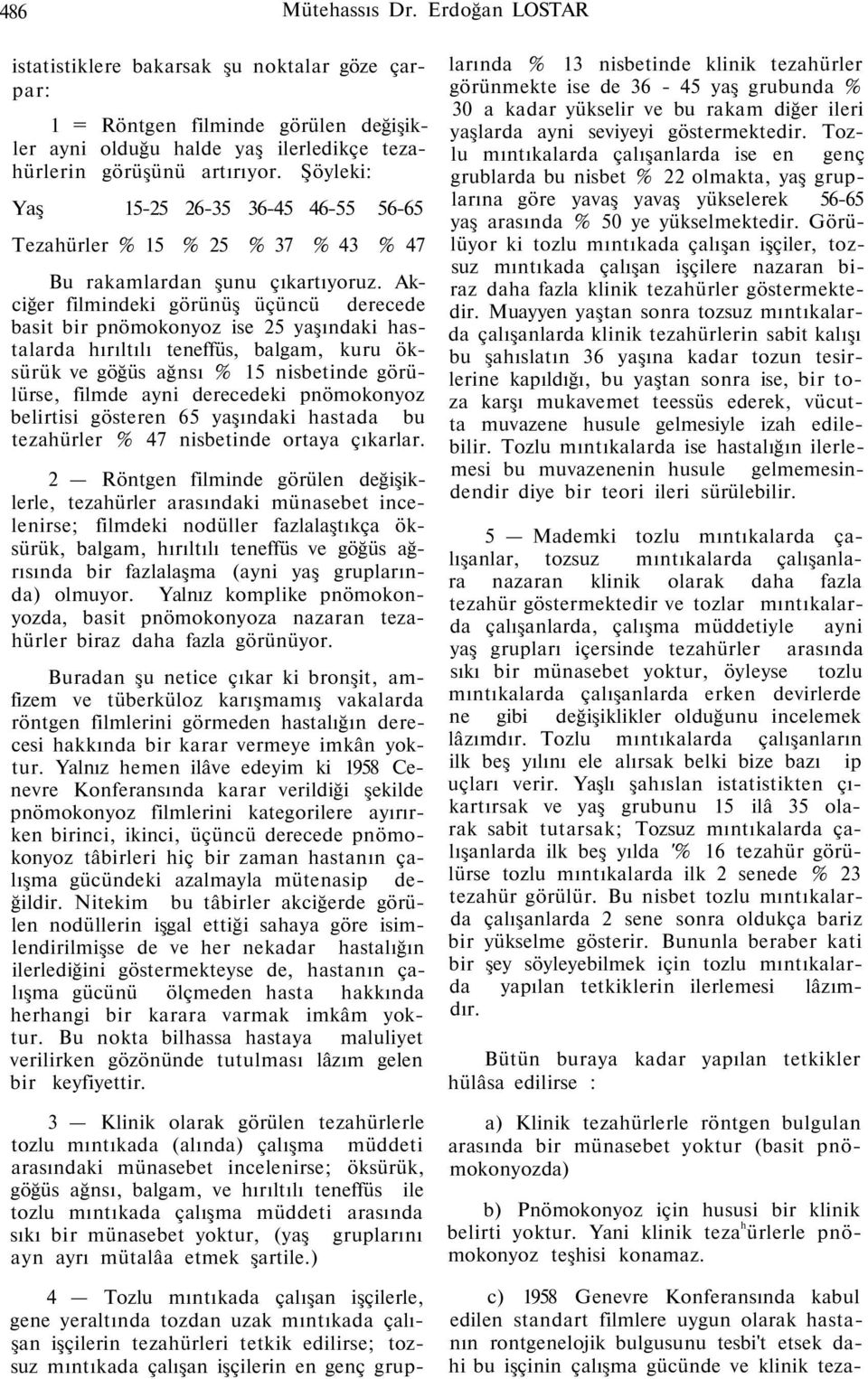 Akciğer filmindeki görünüş üçüncü derecede basit bir pnömokonyoz ise 25 yaşındaki hastalarda hırıltılı teneffüs, balgam, kuru öksürük ve göğüs ağnsı % 15 nisbetinde görülürse, filmde ayni derecedeki