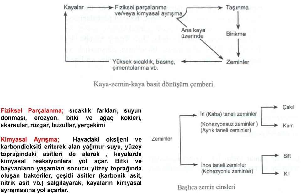 asitleri de alarak, kayalarda kimyasal reaksiyonlara yol açar.