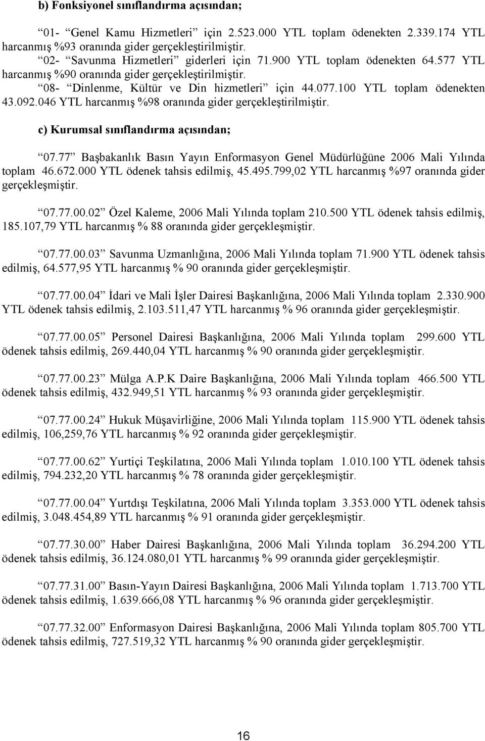 100 YTL toplam ödenekten 43.092.046 YTL harcanmış %98 oranında gider gerçekleştirilmiştir. c) Kurumsal sınıflandırma açısından; 07.