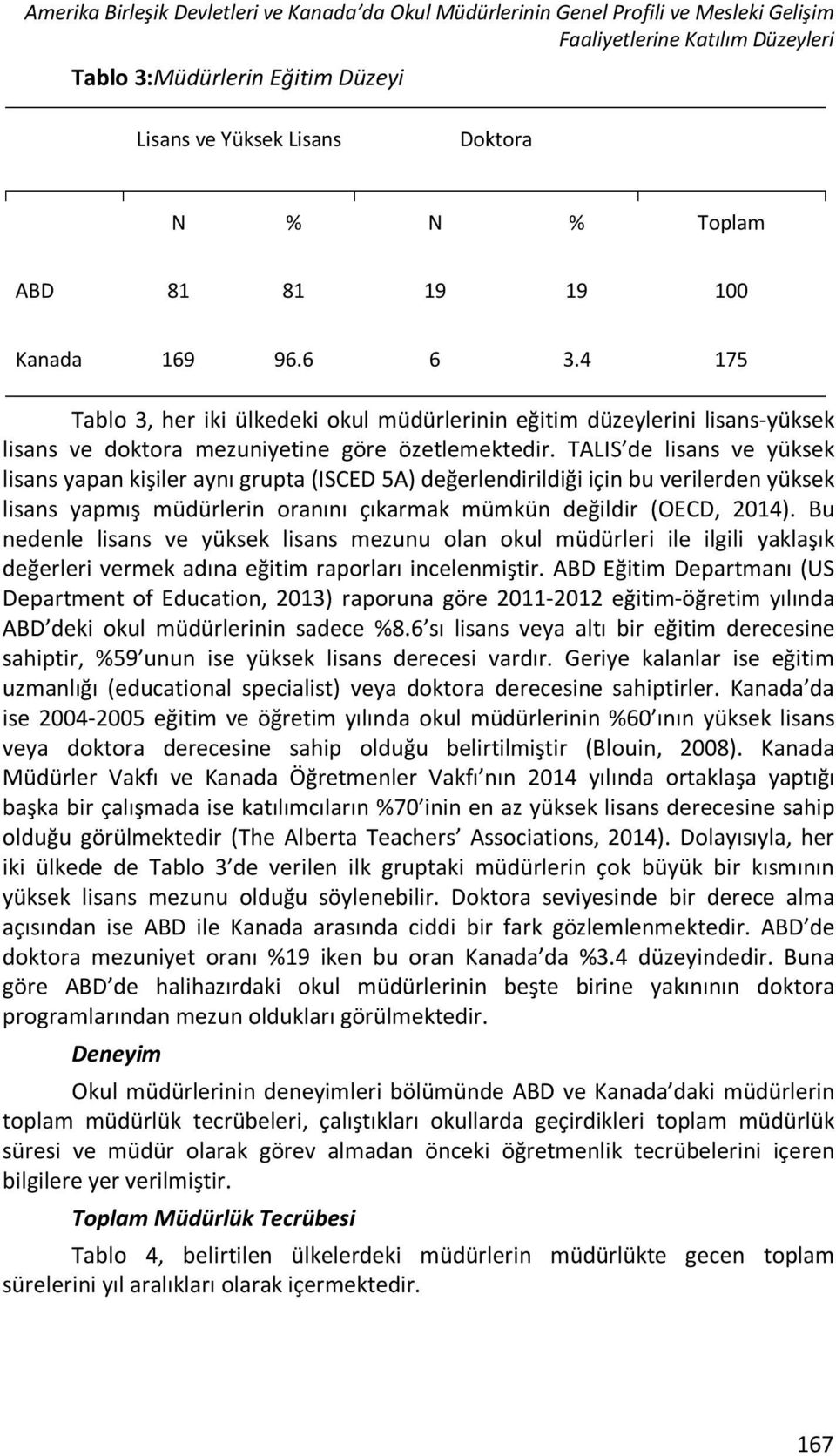 TALIS de lisans ve yüksek lisans yapan kişiler aynı grupta (ISCED 5A) değerlendirildiği için bu verilerden yüksek lisans yapmış müdürlerin oranını çıkarmak mümkün değildir (OECD, 2014).