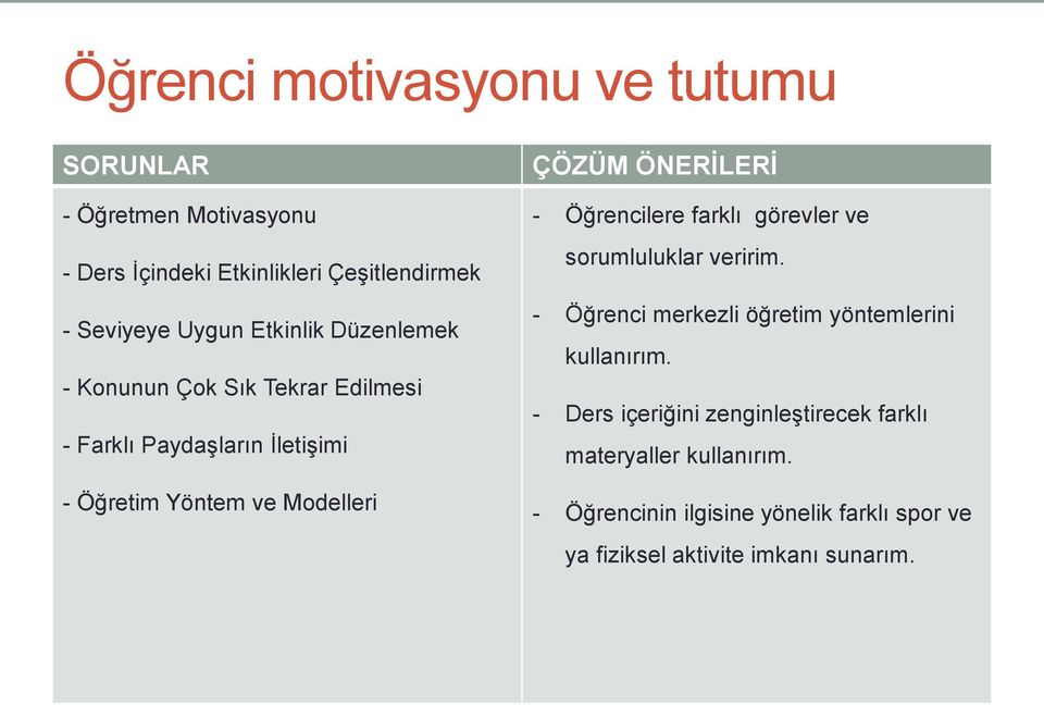 ÖNERİLERİ - Öğrencilere farklı görevler ve sorumluluklar veririm. - Öğrenci merkezli öğretim yöntemlerini kullanırım.